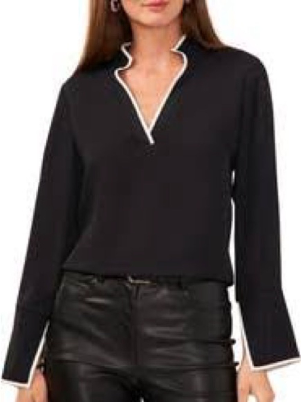 Vince Camuto Black V-Neck Long-Sleeve Tunic with White Trim NWT